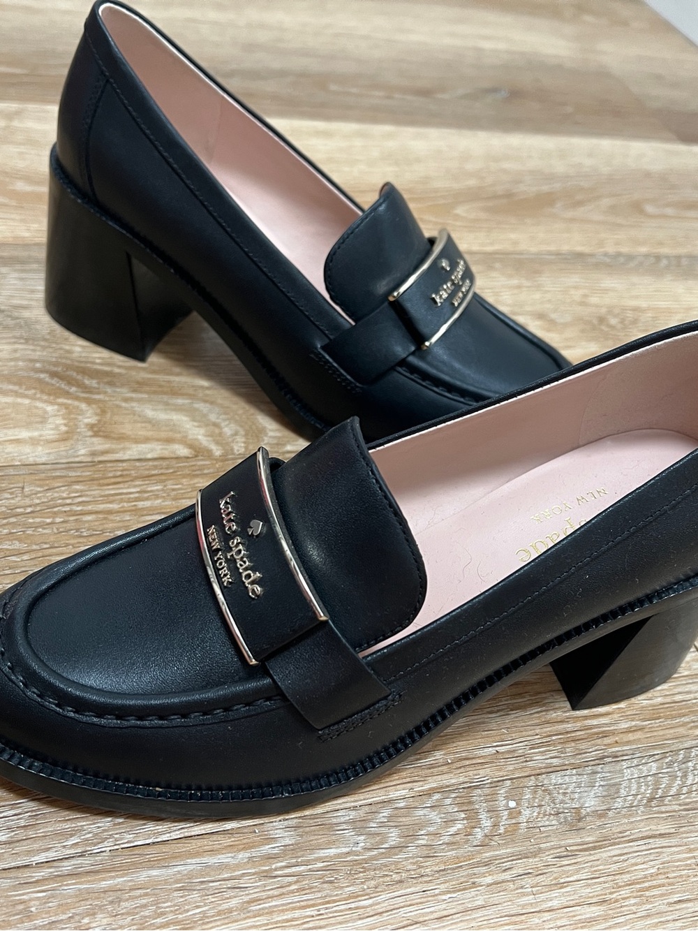 kate spade Black Leather Heel Loafers with Gold-Tone Logo Accent